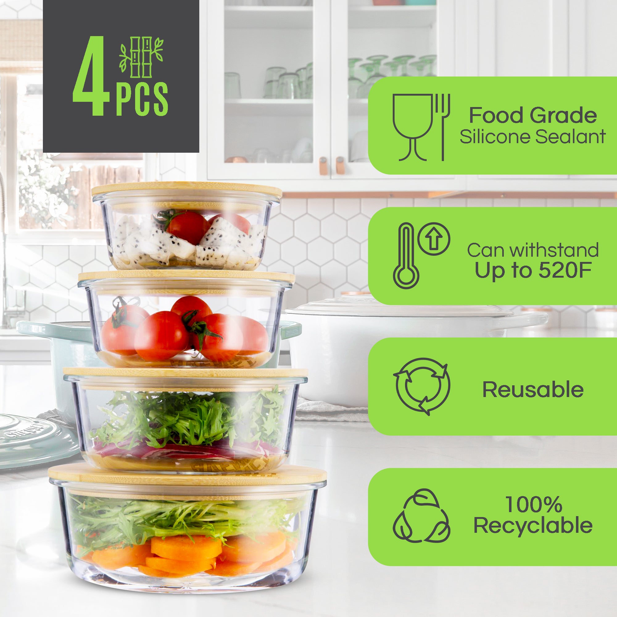 Yogik Set of 4 Rectangular Glass Food Storage Containers with Eco-Friendly Bamboo Lids - Plastic Free - Phthalate Free - Lfgb Approved FDA Approved 