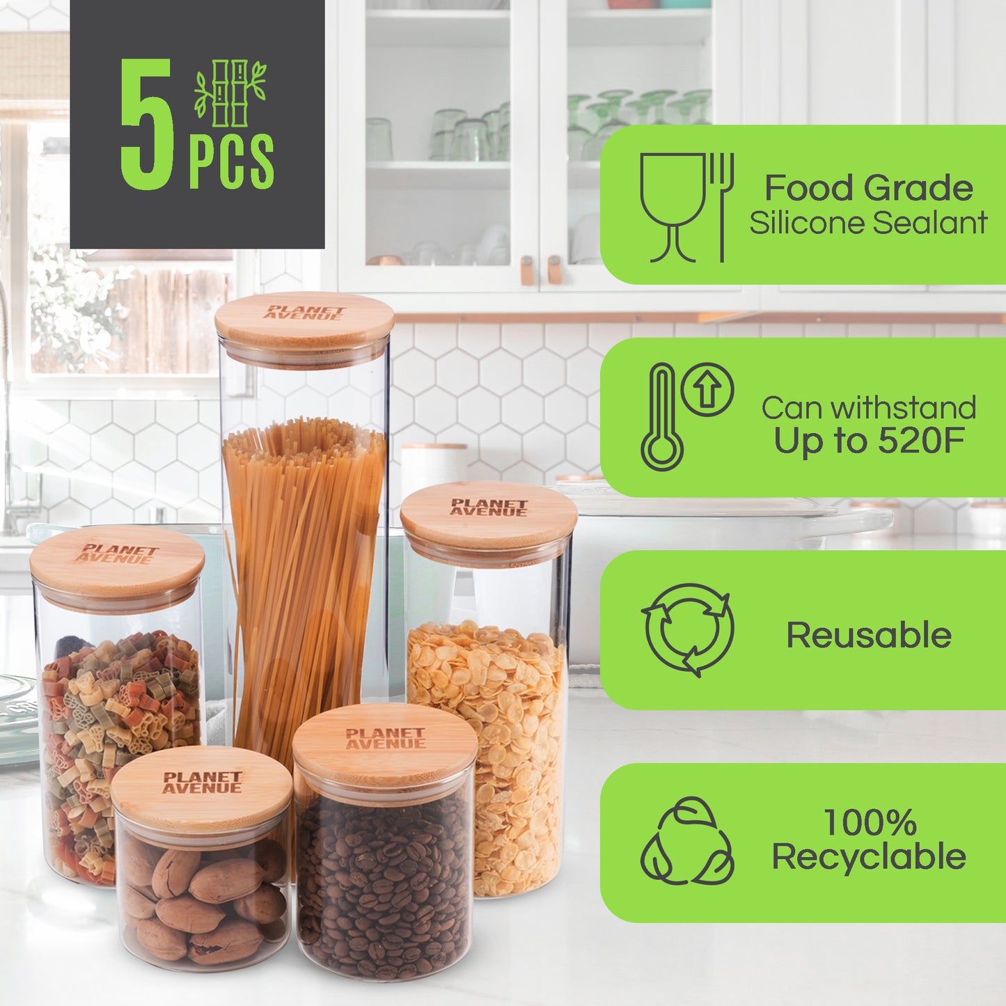 Glass Container with Bamboo Lid, Ecofriendly and Air Tight Wood Lid PLANET AVENUE 5-Piece Pantry Jars Glass Food Container for Liquids, Cereals and Other Substances (TALL)