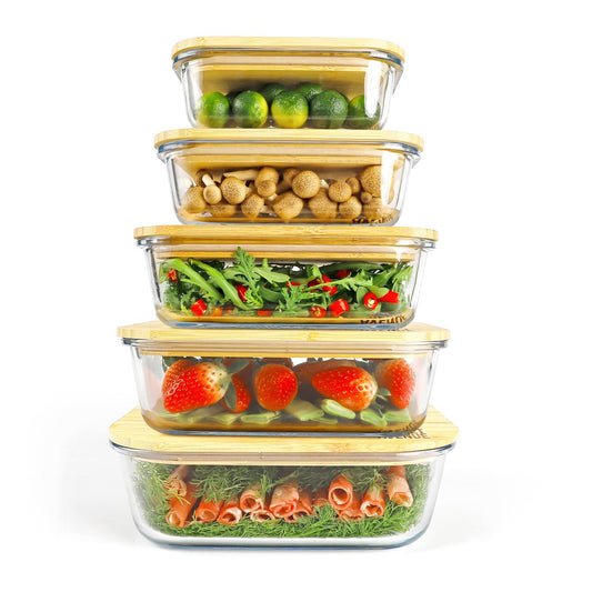 Glass Storage Food Containers, Meal Prep, Bamboo Lids, Eco-Friendly Meal Containers, PLANET AVENUE, 5-Package, Freezer Microwave Dishwasher Oven Safe