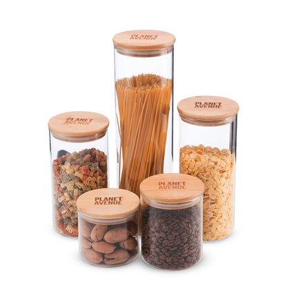 Glass Container with Bamboo Lid, Ecofriendly and Air Tight Wood Lid PLANET AVENUE 5-Piece Pantry Jars Glass Food Container for Liquids, Cereals and Other Substances (TALL)