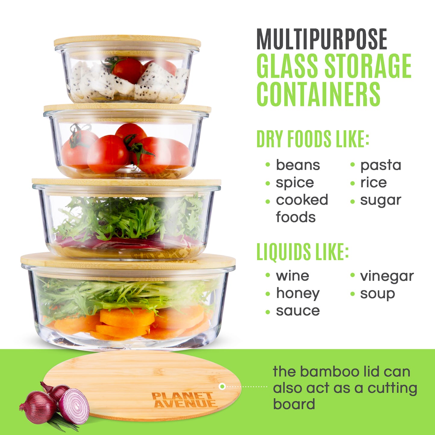 Glass Containers with Bamboo Lids, Meal-Prep Food Storage Containers of Varying Sizes, Non-Plastic Food Storage, Microwave, Dishwasher, & Freezer Safe, Round, 4 Pieces by Planet Avenue