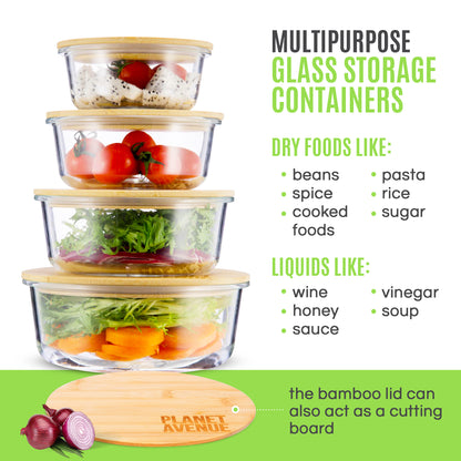 Glass Containers with Bamboo Lids, Meal-Prep Food Storage Containers of Varying Sizes, Non-Plastic Food Storage, Microwave, Dishwasher, & Freezer Safe, Round, 4 Pieces by Planet Avenue