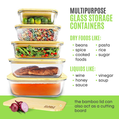 Glass Storage Food Containers, Meal Prep, Bamboo Lids, Eco-Friendly Meal Containers, PLANET AVENUE, 5-Package, Freezer Microwave Dishwasher Oven Safe