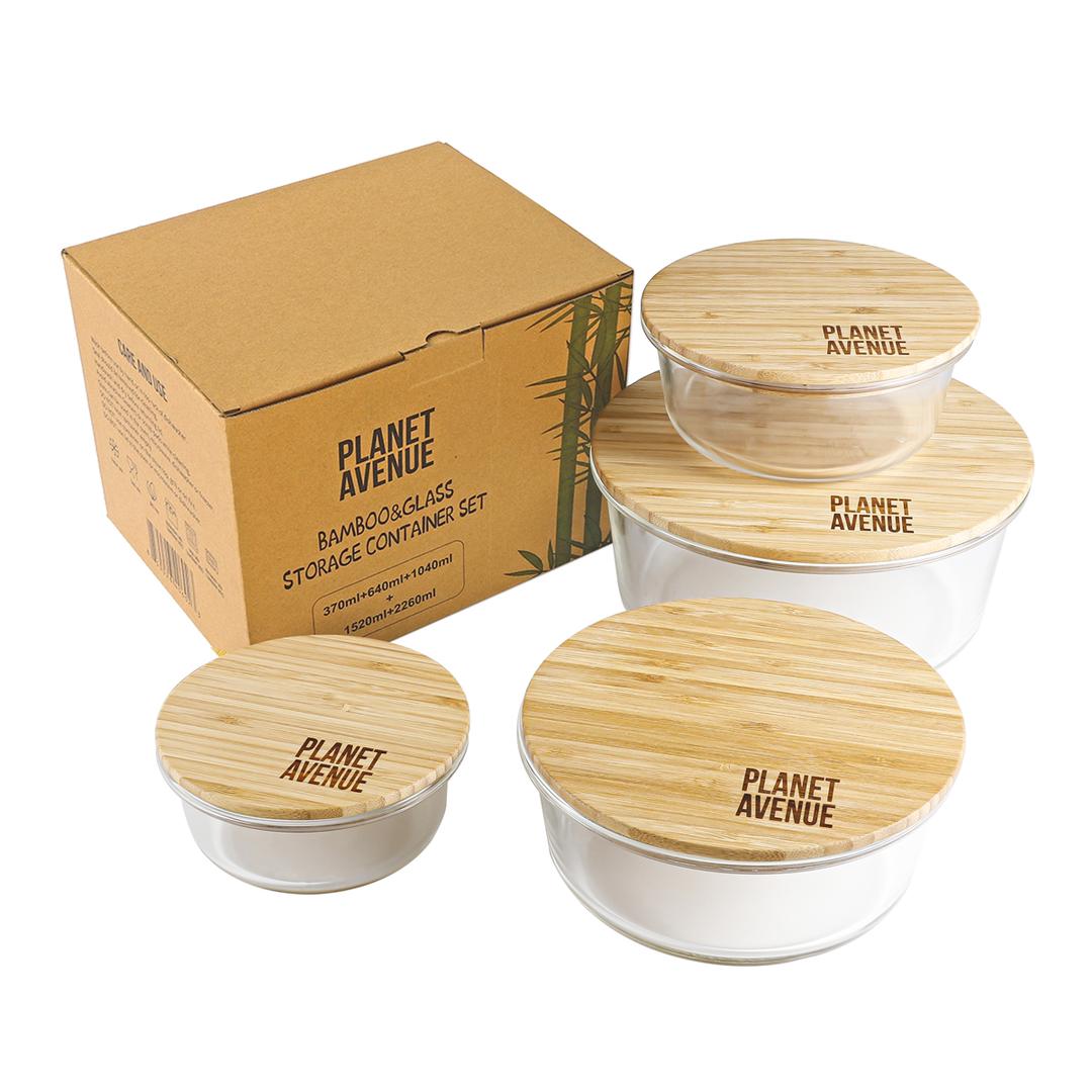Bambooware Glass Containers with Lids | Non Plastic Glassware Set - Natural Raw Organic Wooden Bamboo Lids | Set of 4 | Reusable, BPA Free | Perfect