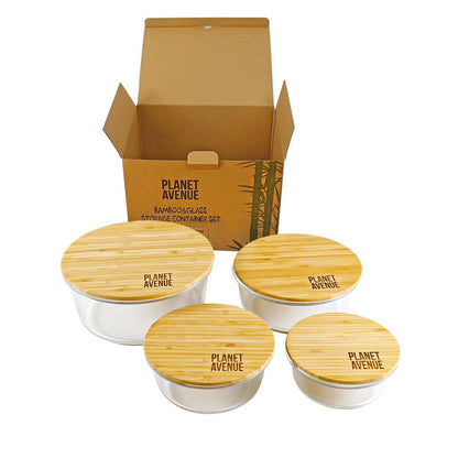 Glass Containers with Bamboo Lids, Meal-Prep Food Storage Containers of Varying Sizes, Non-Plastic Food Storage, Microwave, Dishwasher, & Freezer Safe, Round, 4 Pieces by Planet Avenue